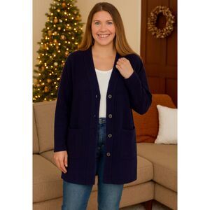 VTG Stizzoli Wool Long Cardigan Womens 18 Navy Boucle Knit Sweater Jacket Italy